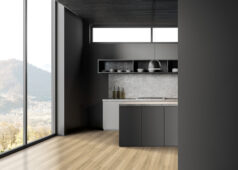 Grey Hotel Kitchen Interior With Bar Counter And Panoramic Window. Mock Up Wall