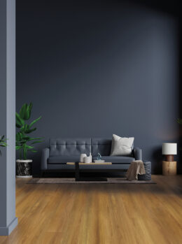 Interior Of Living Room With Sofa On Empty Dark Blue Wall Background.