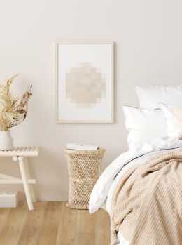 Mock Up Frame In Bedroom Interior Background, Beige Room With Natural Wooden Furniture
